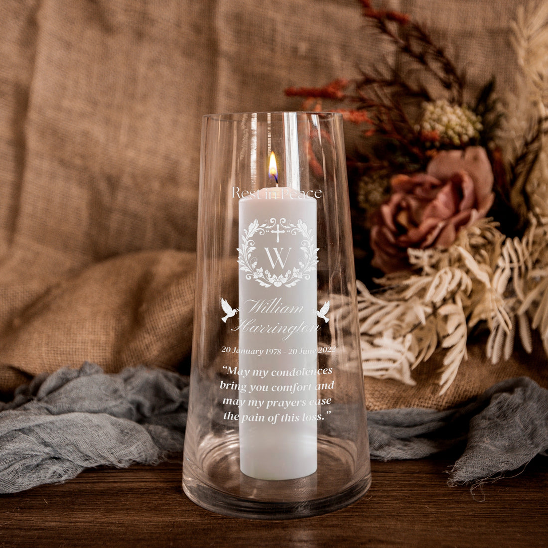 Personalised Memorial Tapered Glass Vase Candle Holder Custom Engraved In Loving Memory Funeral Celebration of Life Prayer Loss Wedding Gift