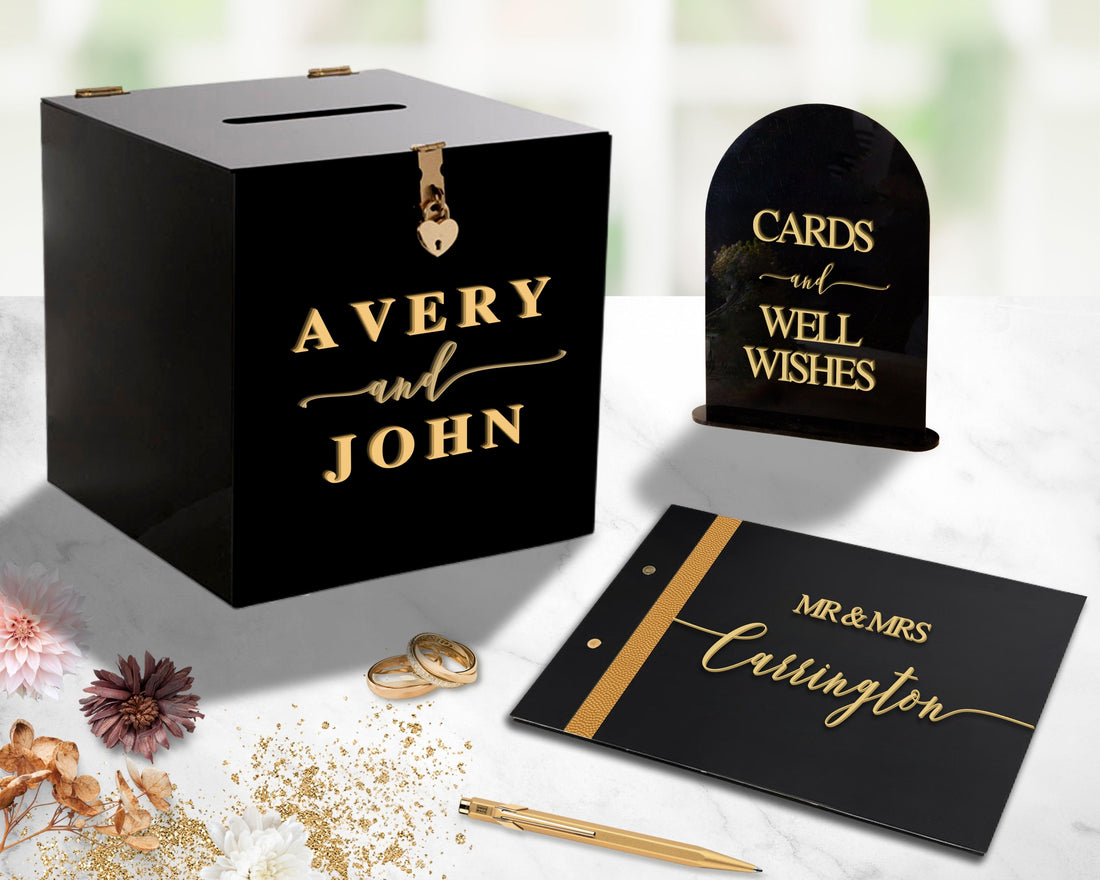 Custom Made Wedding 3 Bundle Set, Personalised Acrylic Black Wishing Well Box, Memory Guest Book, Card & Gifts / Photo Guestbook Table Sign