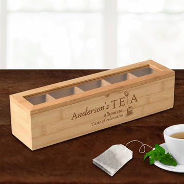 Personalised Bamboo 5 Slots Tea Bag Box, Etched Wooden Keepsake, Engraved Kitchen Custom Organised Storage, Housewarming/ Birthday, Mom-Dad, Teacher, Godparents Gift