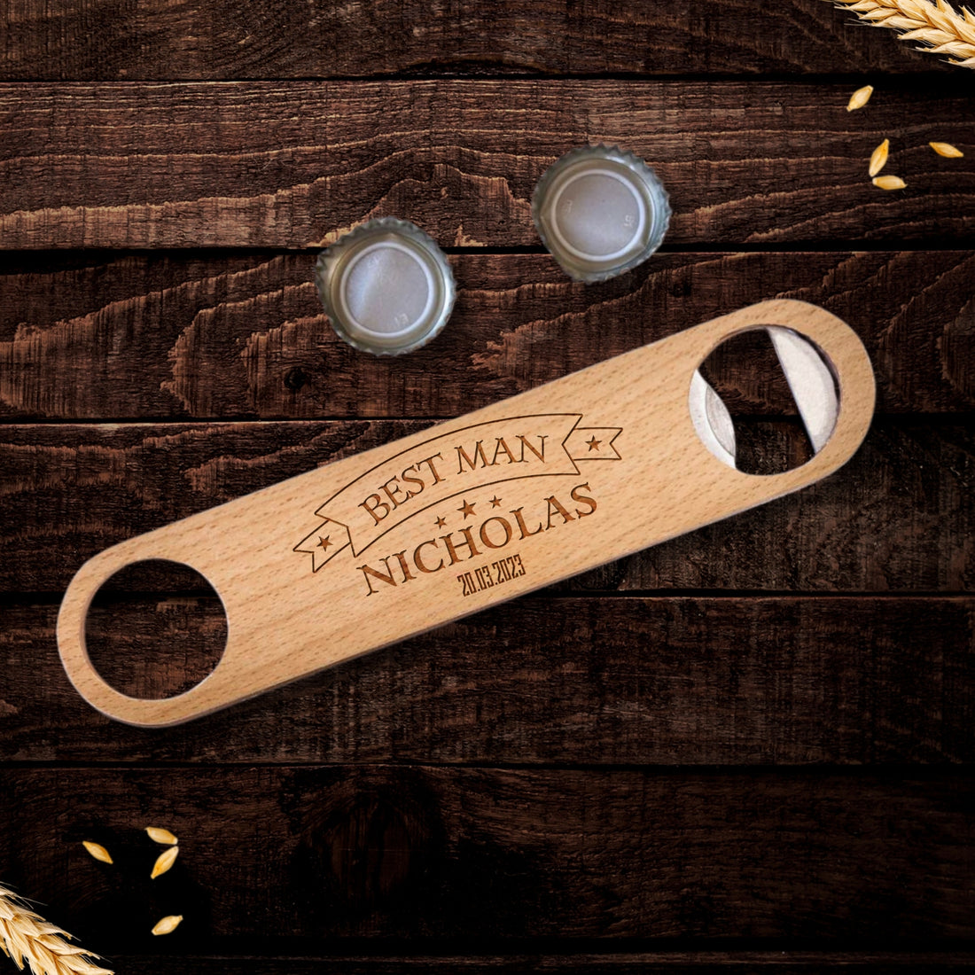 Personalised Wooden Bar Blade Beer Bottle Opener, Custom Engraved Logo Corporate Gift, Wedding Favour, Groomsmen, Father's Day, Teacher Gift