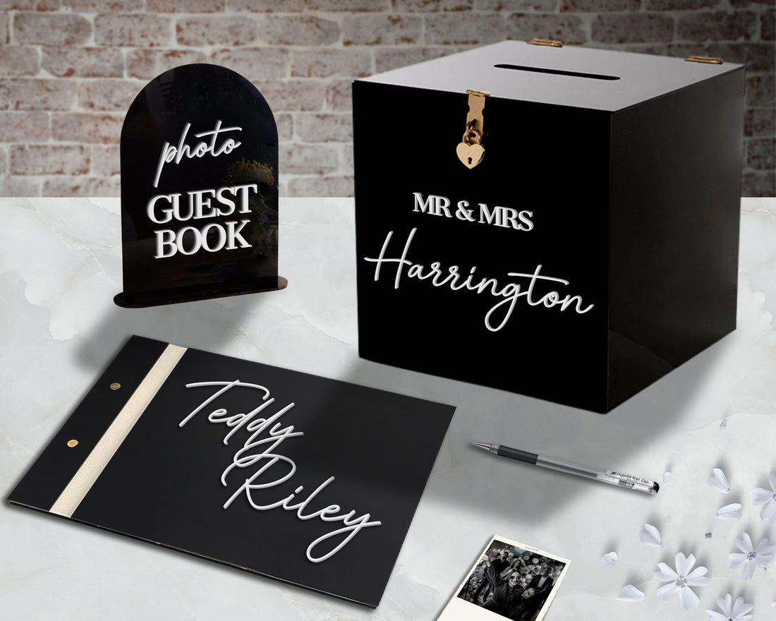 Custom Made Wedding 3 Bundle Set, Personalised Acrylic Black Wishing Well Box, Memory Guest Book, Card & Gifts / Photo Guestbook Table Sign