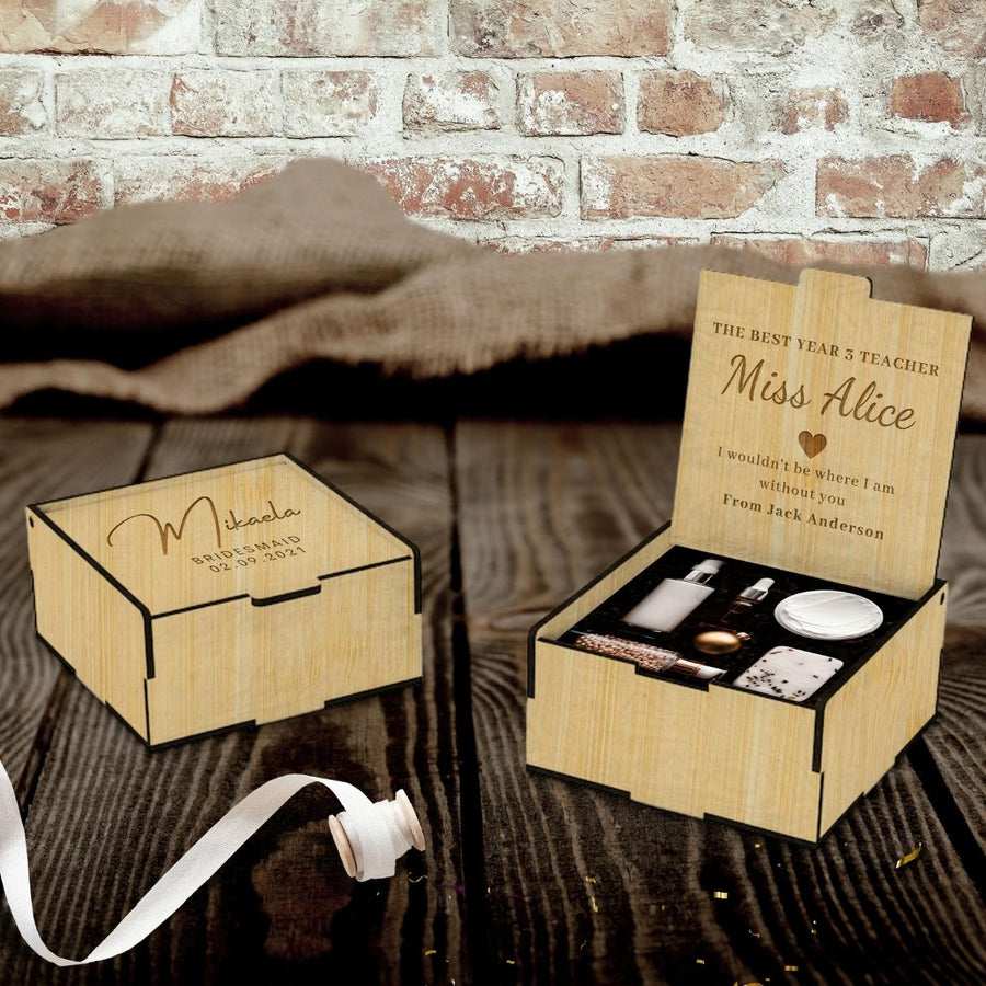 Custom Double Sided Engraved Wooden Keepsake Square Box, Personalised Plywood/ MDF Name/ Logo Wedding, Birthday, Corporate Storage Gift Boxes