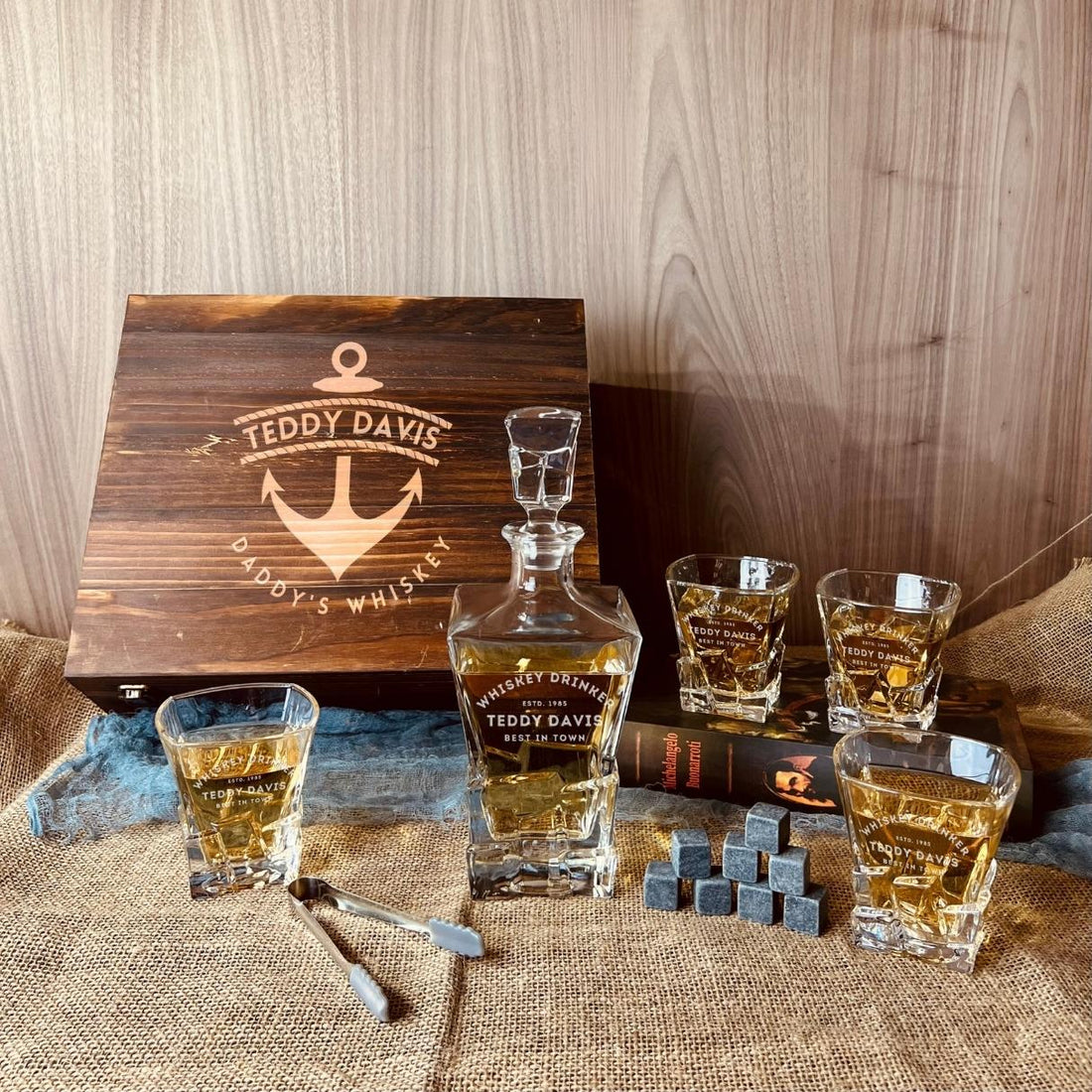 Personalised Wooden Boxed Whiskey Decanter Set, 4 Scotch Glasses, 6 Ice Stones & Tongs | Custom Engraved Groomsmen, Wedding, Whisky Bar Gift