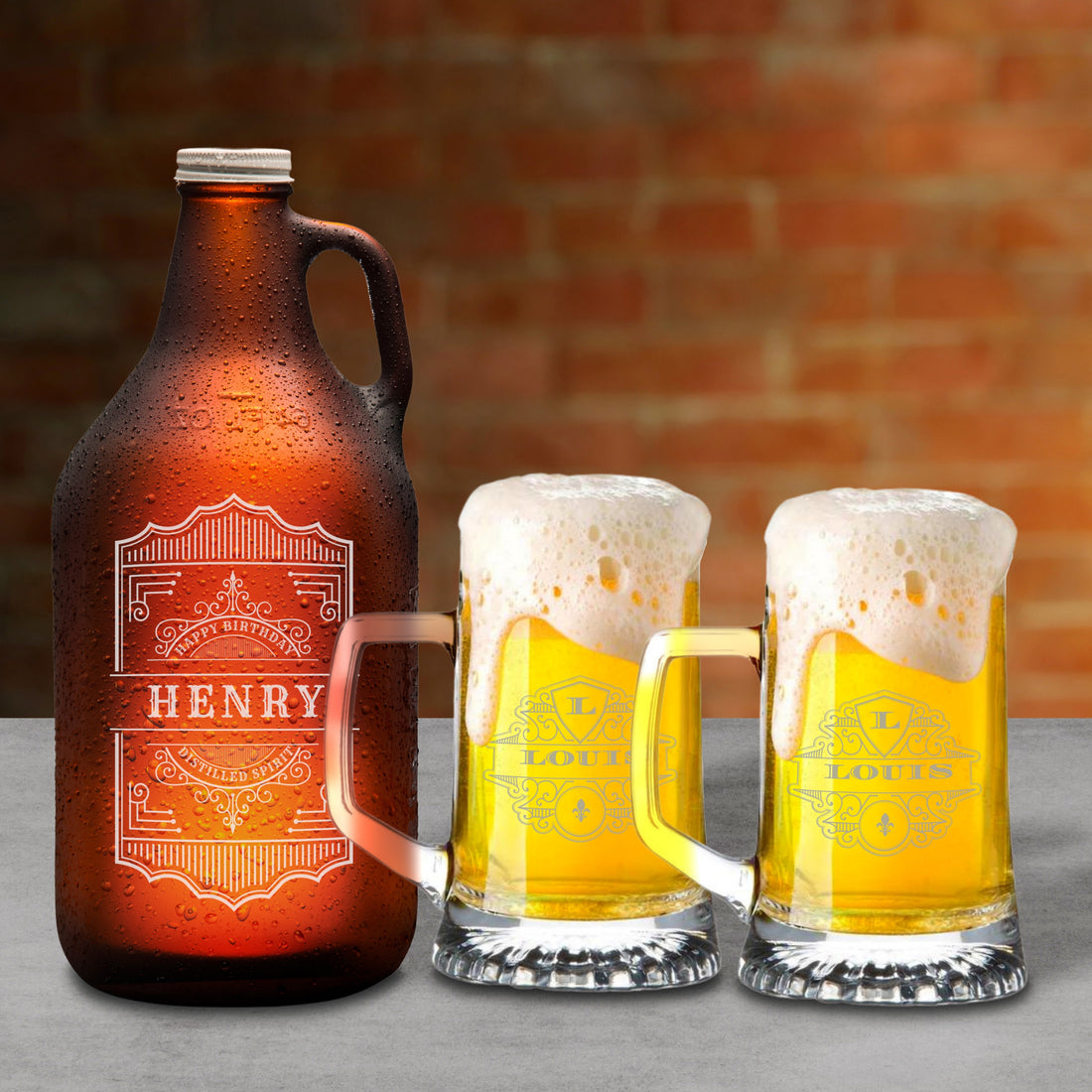 Personalised 1.9L Amber Glass Craft Beer Growler & 2 Italian Tankard Mugs, Engraved Brewery Bottle & Glasses, Etched Custom Logo Corporate/ Father/ Housewarming Gift, Wedding/ Groomsmen Favour