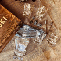 Personalised Wooden Boxed Whiskey Decanter Set, 4 Scotch Glasses, 6 Ice Stones & Tongs | Custom Engraved Groomsmen, Wedding, Whisky Bar Gift