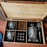 Personalised Wooden Crate Whiskey Gift Box, Twisted Whisky Decanter, 2 Glasses, 6 Ice Stones, 2 Coasters, Tongs, Custom Engraved Barware Set