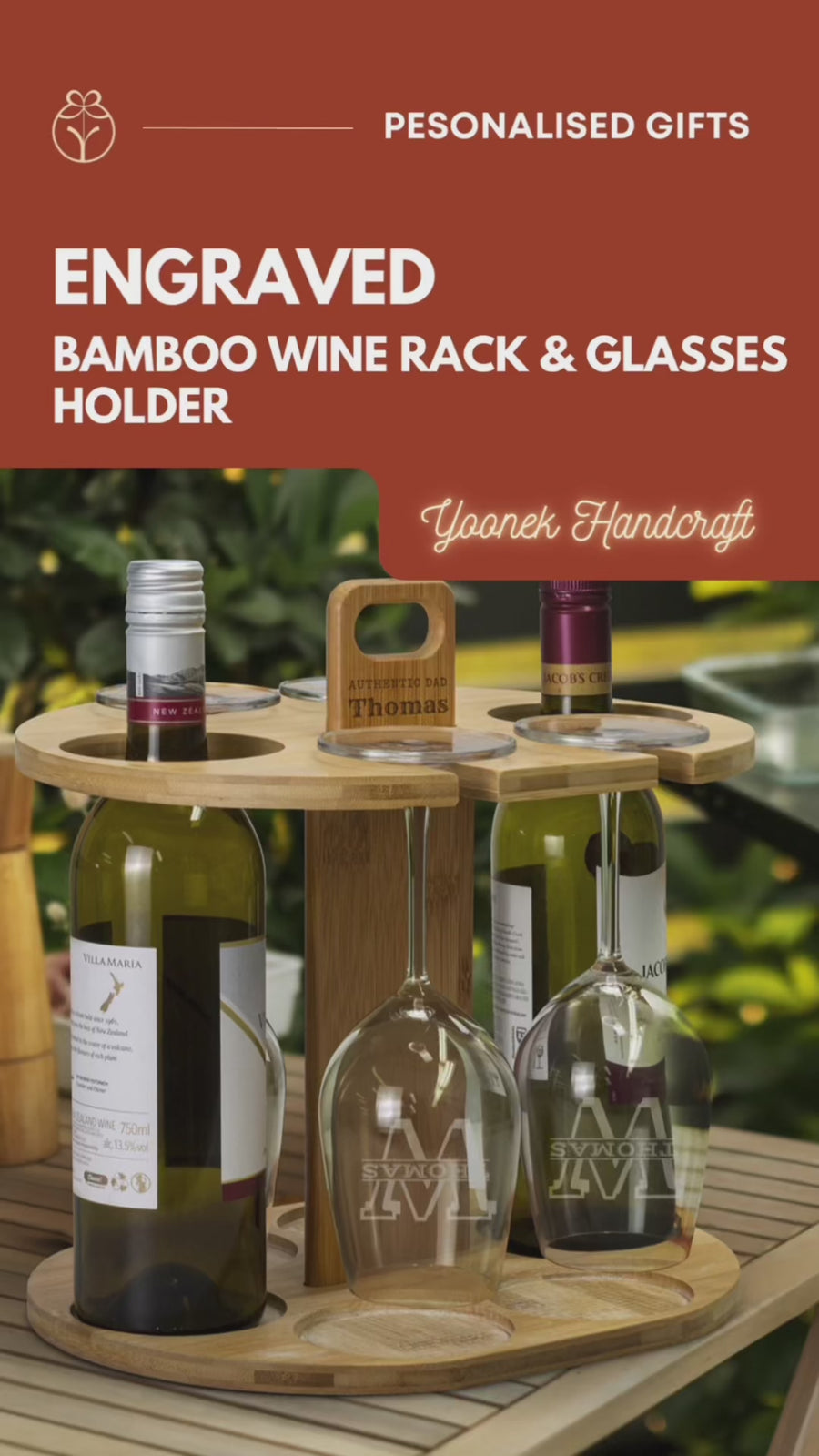 Personalised Bamboo Wine Rack & Engraved Stemware Glasses Holder, Home, Kitchen, Bar Decor, Custom Wedding, Anniversary, Housewarming Gift
