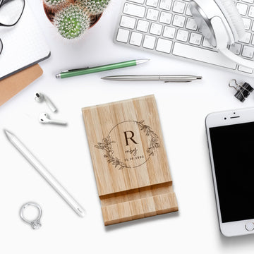 Custom Personalised Engraved Wooden Bamboo Mobile Phone, Tablet Stand Holder / Office, Desk Tech Organiser/ Business, Corporate Company Gift