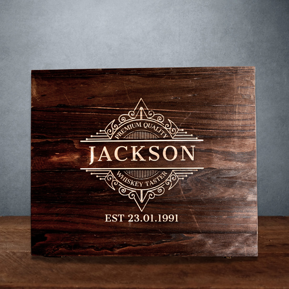 Engraved Wooden Boxed Whiskey Decanter Set with 4  Scotch Glasses, Personalised Custom Monogram Premium Rustic Vintage Whisky Birthday, Groomsmen, Bar Gift for Dad/ Him