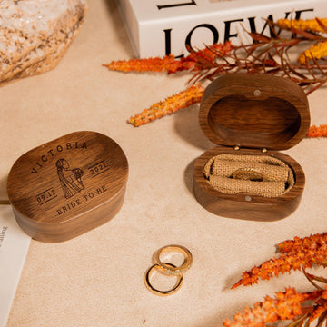 Personalised Wooden Engagement Proposal Ring Bearer Box, Custom Engraved Wedding Double Slot Solid Walnut Oval Ring Holder Storage, Rustic Vintage Anniversary Gift 