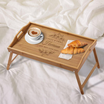 Engraved Portable & Foldable Bamboo Bed Tray Table, Breakfast/ Picnic/ Afternoon Tea Handle Trays, Corporate/ Housewarming Gift, Wedding Favour