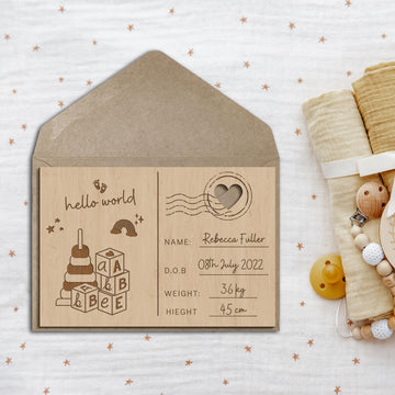 Personalised Wooden Birth Announcement Postcard, Engraved Name, Message Introducing New Baby Arrival & Display Stand, Newborn Keepsake Gift