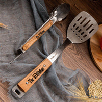 Personalised BBQ Tools Gift Set, Custom Laser Engraved Etching Barbecue Tongs & Spatula, Barbeque Grill Gift Him Dad Fathers Day GrillFather