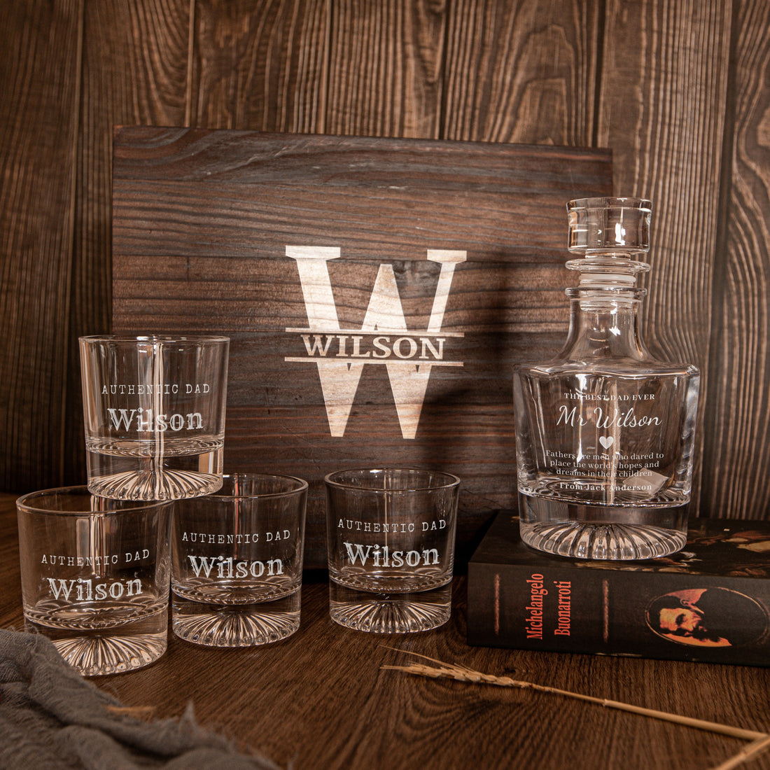 Engraved Wooden Boxed Round Whiskey Decanter Set with 4  Scotch Glasses, Personalised Custom Monogram Premium Rustic Vintage Whisky Birthday, Groomsmen, Bar Gift for Dad/ Him