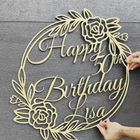 Custom Birthday Flower Scribble Circle Hoop Sign, Bridal Shower Engagement Party Hanging Laser Cut Personalised Wooden Event Photodrop Decor