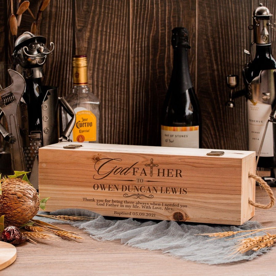 Personalised Rustic Pine Wooded Wine Box Gift, Engraved Custom Housewarming/ Birthday Champagne Present Box, Wedding Bridesmaid/ Groomsman, Thank You God Parents Favour, Mother's, Father's Day