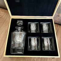 Engraved Wooden Boxed Round Whiskey Decanter Set with 4  Scotch Glasses, Personalised Custom Monogram Premium Rustic Vintage Whisky Birthday, Groomsmen, Bar Gift for Dad/ Him