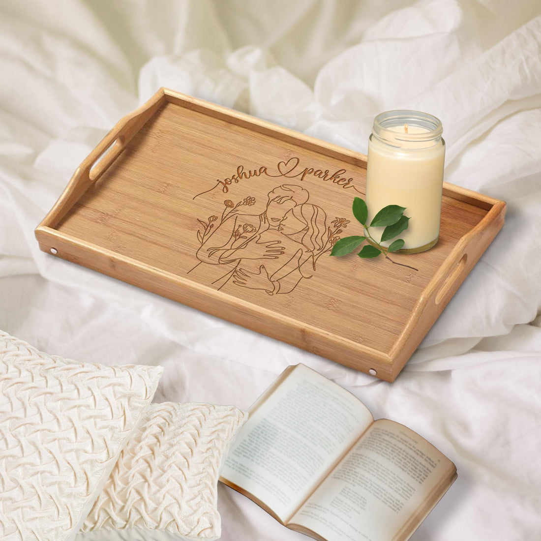 Engraved Portable & Foldable Bamboo Bed Tray Table, Breakfast/ Picnic/ Afternoon Tea Handle Trays, Corporate/ Housewarming Gift, Wedding Favour