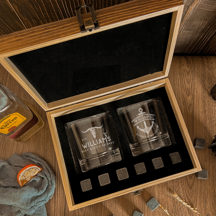 Engraved Wooden Boxed Gift Set- 2 Whisky Glasses & 6 Reusable Charcoal Ice Stone, Personalised Custom Premium Rustic Barware, Wedding Favour